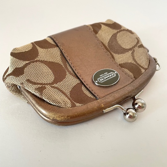 Coach Signature Canvas Bronze Leather Kisslock Pouch - Picture 5 of 8
